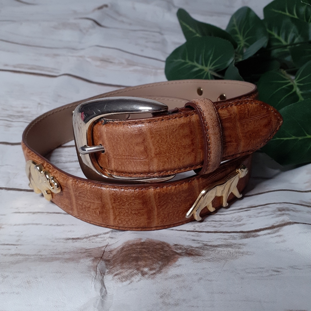 Vintage patent leather embossed tan belt w/ metal elephants & wild cats accents